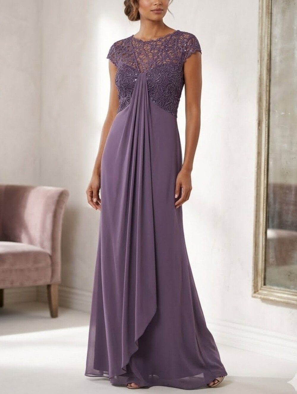 Tadashi Shoji Illusion Bodice Purple Beaded Lace Gown Maxi Dress Formal Prom